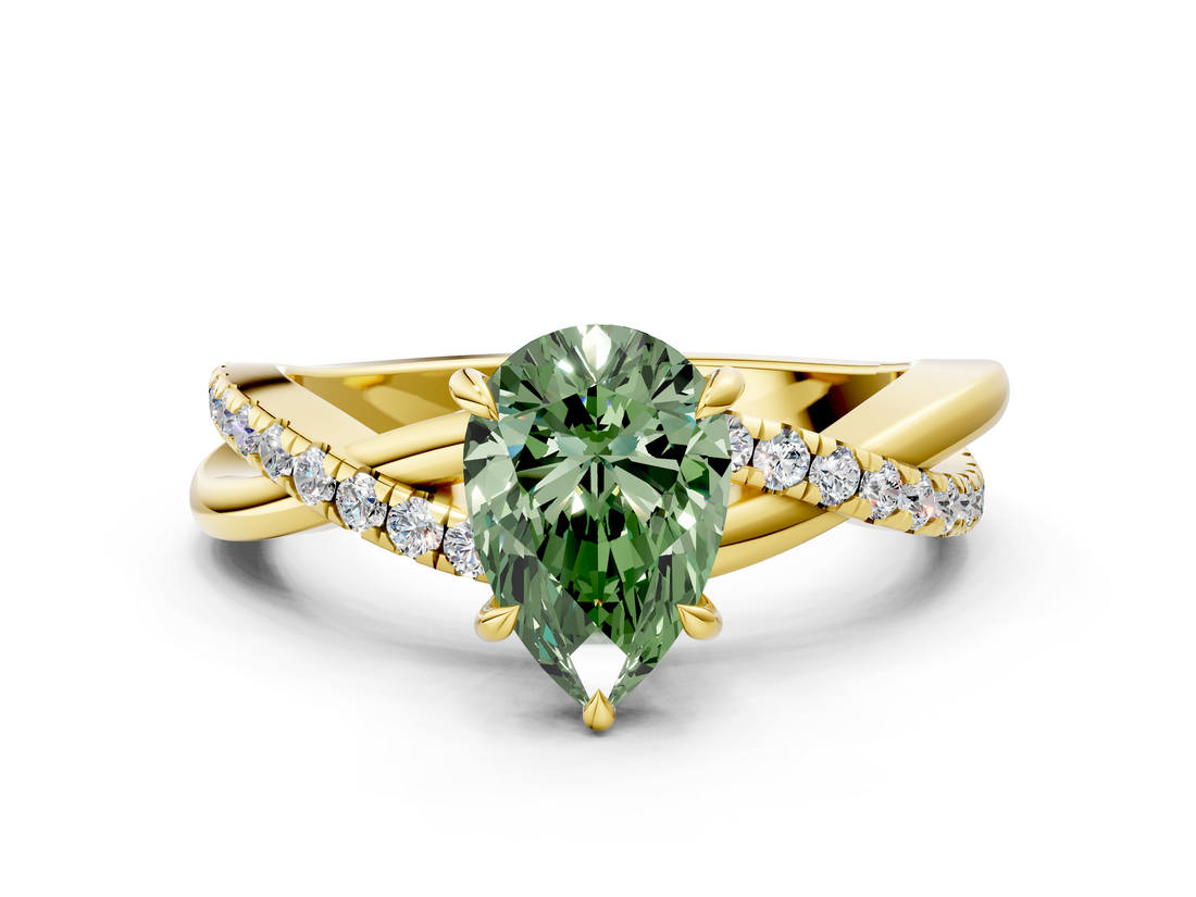 Yellow gold Fancy Green Pear  Cut Diamond Twisted Band with Pavé Setting and Four-Prong Setting_20