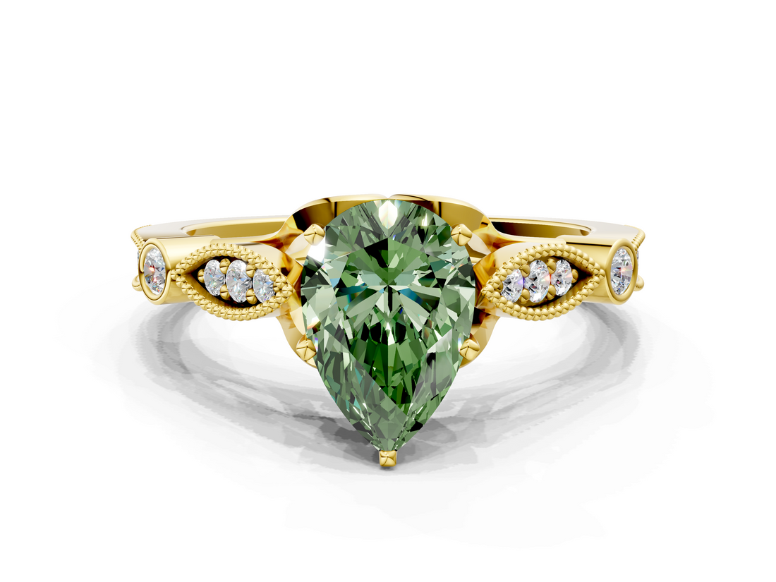 Yellow gold Fancy Green Pear  Cut Diamond with Milgrain Marquise and Bezel Accents on a Solitaire Band with Prong Setting_213