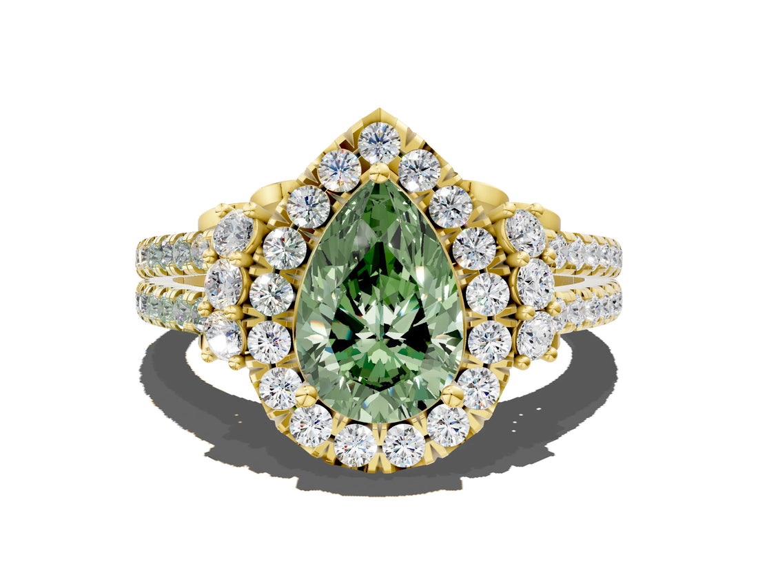 Yellow gold Fancy Green Pear  Cut Double Halo Diamond Engagement Ring with Pave Band and Four-Prong Setting_25