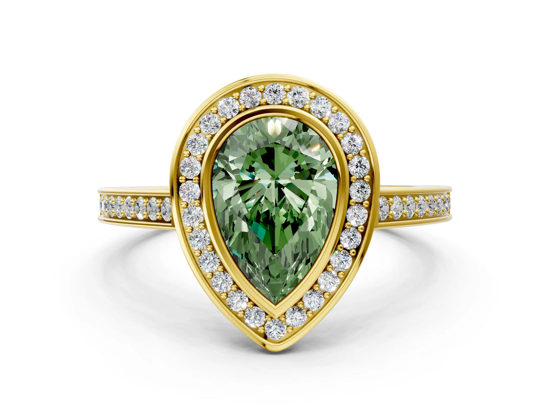 Yellow gold Fancy Green Pear Cut Halo Bezel Diamond Pave Band Ring