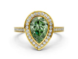 Yellow gold Fancy Green Pear Cut Halo Bezel Diamond Pave Band Ring