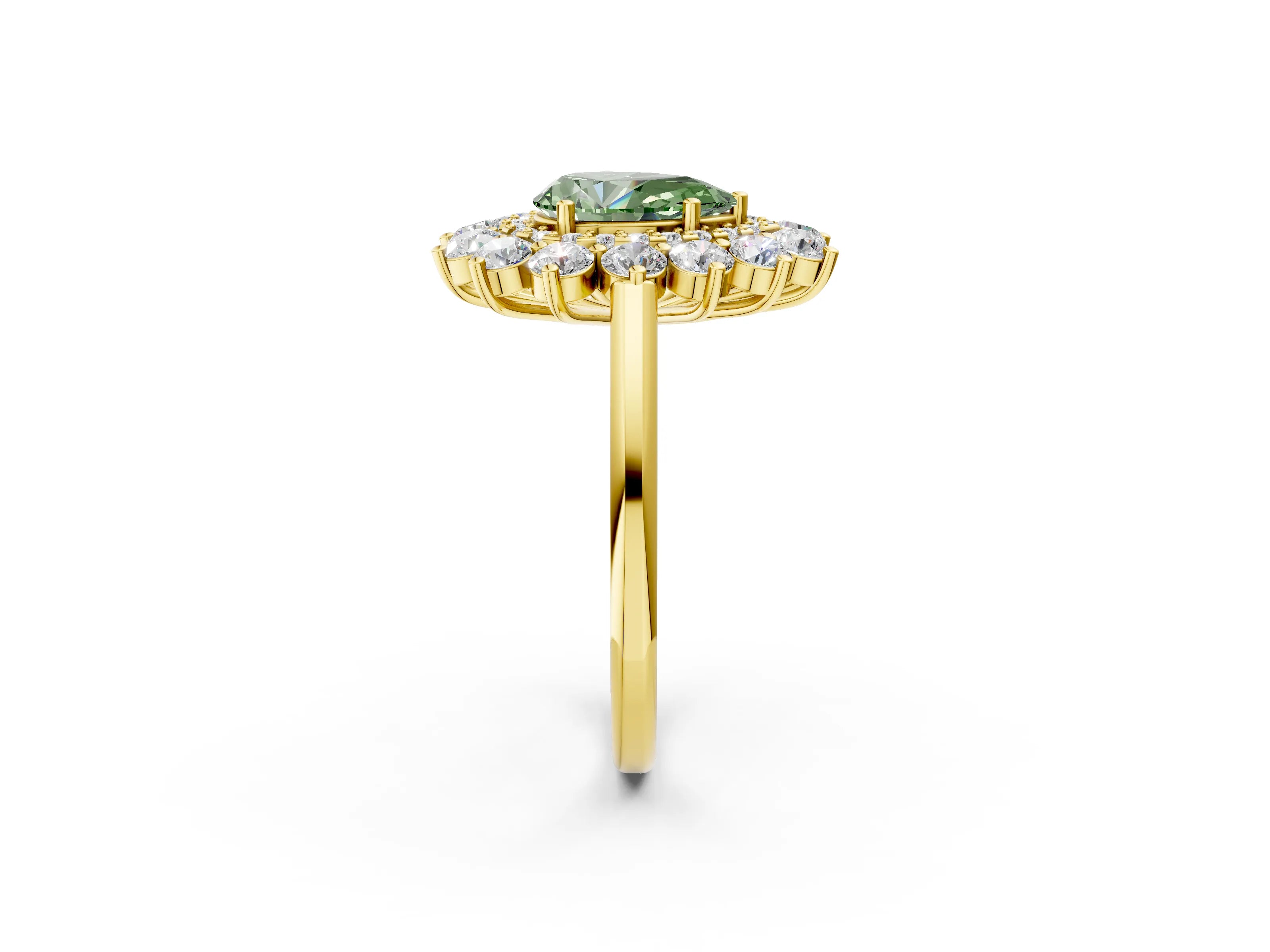 Yellow gold Fancy Green Pear Cut Halo Cluster Diamond Ring with Pave Band and Four-Prong Setting_14