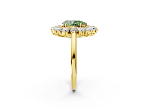 Yellow gold Fancy Green Pear Cut Halo Cluster Diamond Ring with Pave Band and Four-Prong Setting_14