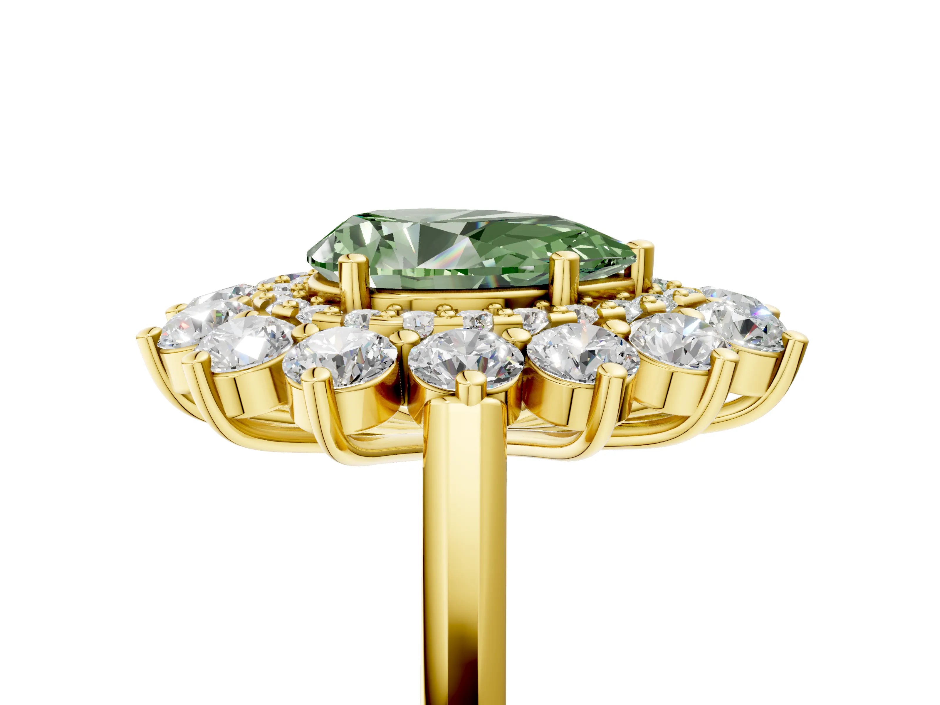 Yellow gold Fancy Green Pear Cut Halo Cluster Diamond Ring with Pave Band and Four-Prong Setting_17