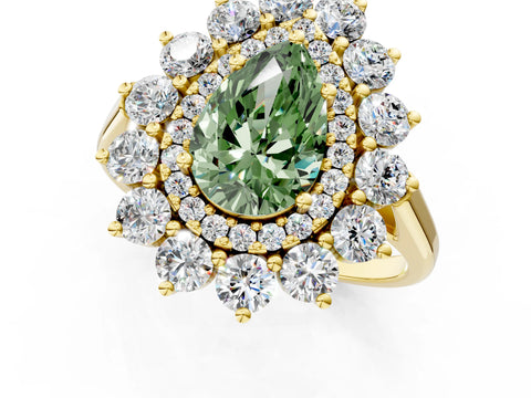 Yellow gold Fancy Green Pear Cut Halo Cluster Diamond Ring with Pave Band and Four-Prong Setting_1