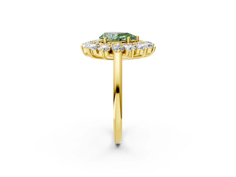 Yellow gold Fancy Green Pear Cut Halo Cluster Diamond Ring with Pave Band and Four-Prong Setting_2