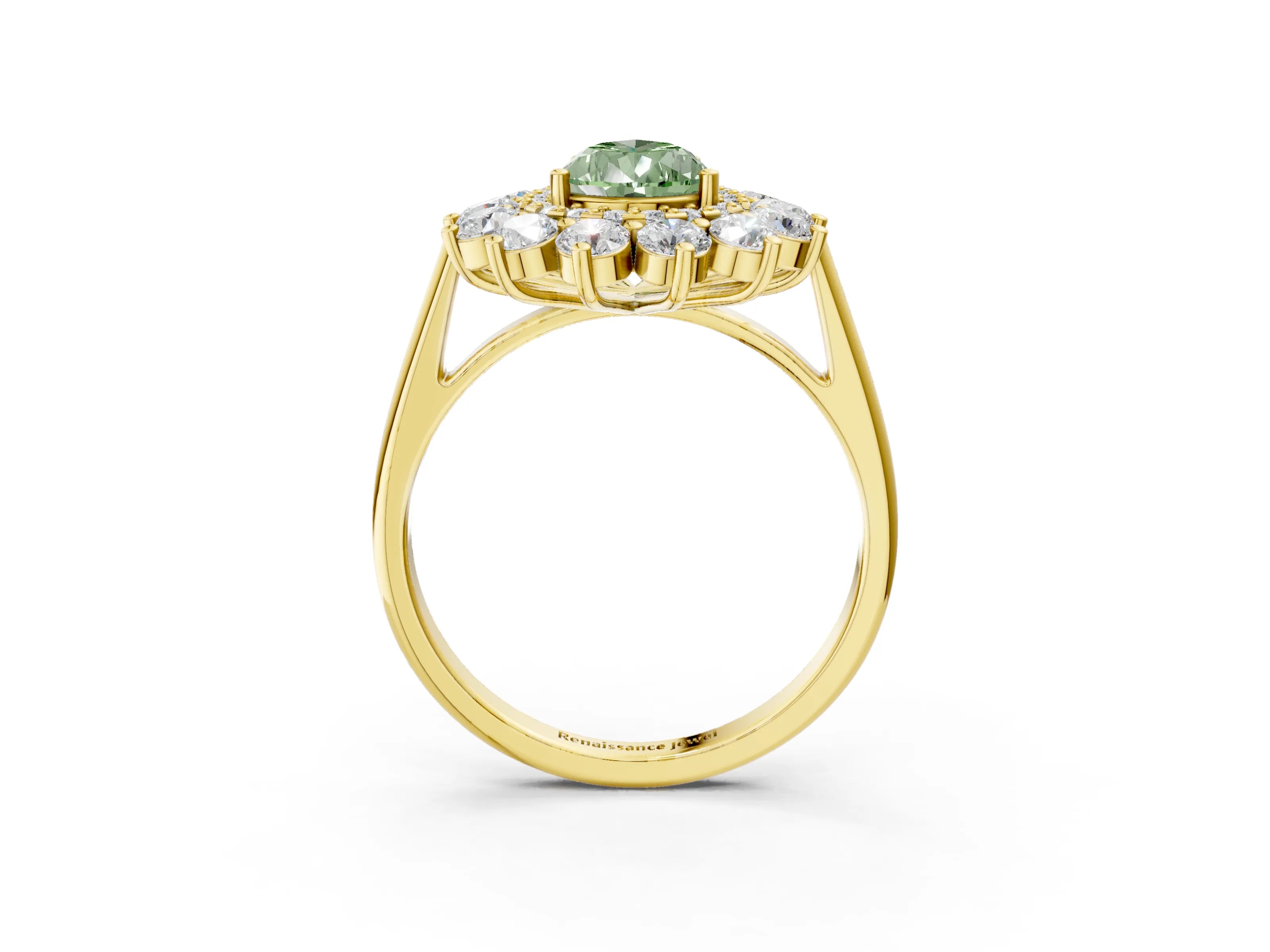 Yellow gold Fancy Green Pear Cut Halo Cluster Diamond Ring with Pave Band and Four-Prong Setting_3