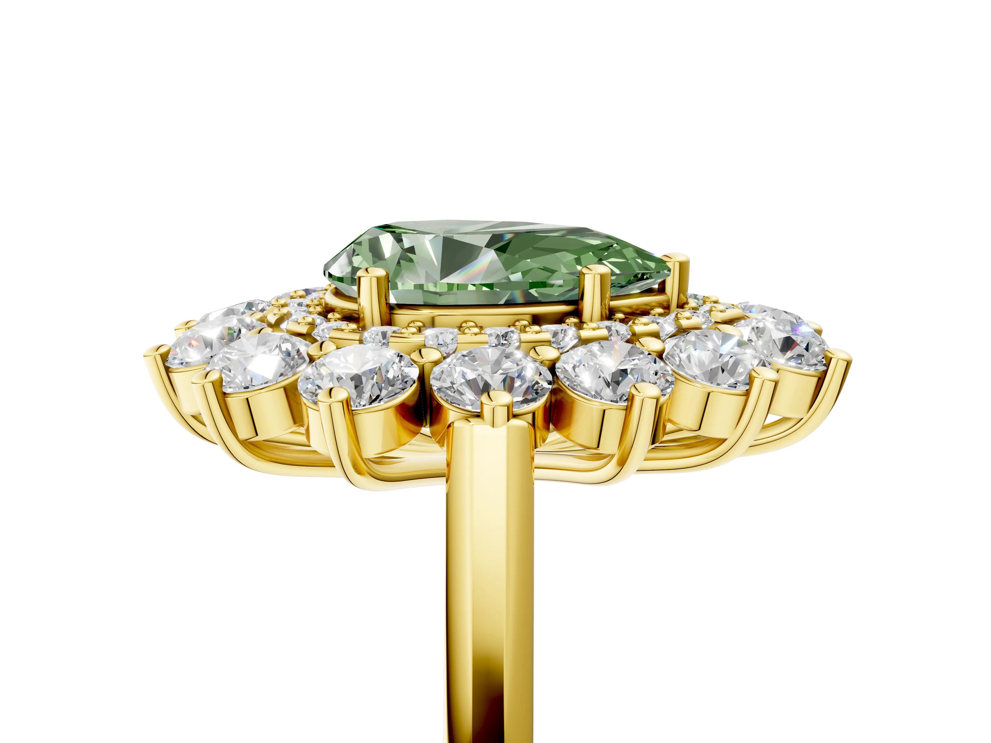 Yellow gold Fancy Green Pear Cut Halo Cluster Diamond Ring with Pave Band and Four-Prong Setting_5