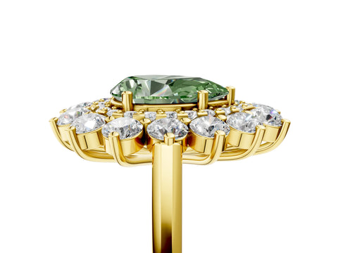 Yellow gold Fancy Green Pear Cut Halo Cluster Diamond Ring with Pave Band and Four-Prong Setting_5