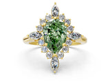 Yellow gold Fancy Green Pear Cut Halo Diamond Cluster Ring with Marquise and Round Stones on a White Gold Band with Prong Setting