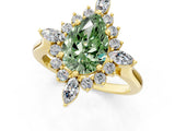 Yellow gold Fancy Green Pear Cut Halo Diamond Cluster Ring with Marquise and Round Stones on a White Gold Band with Prong Setting_1