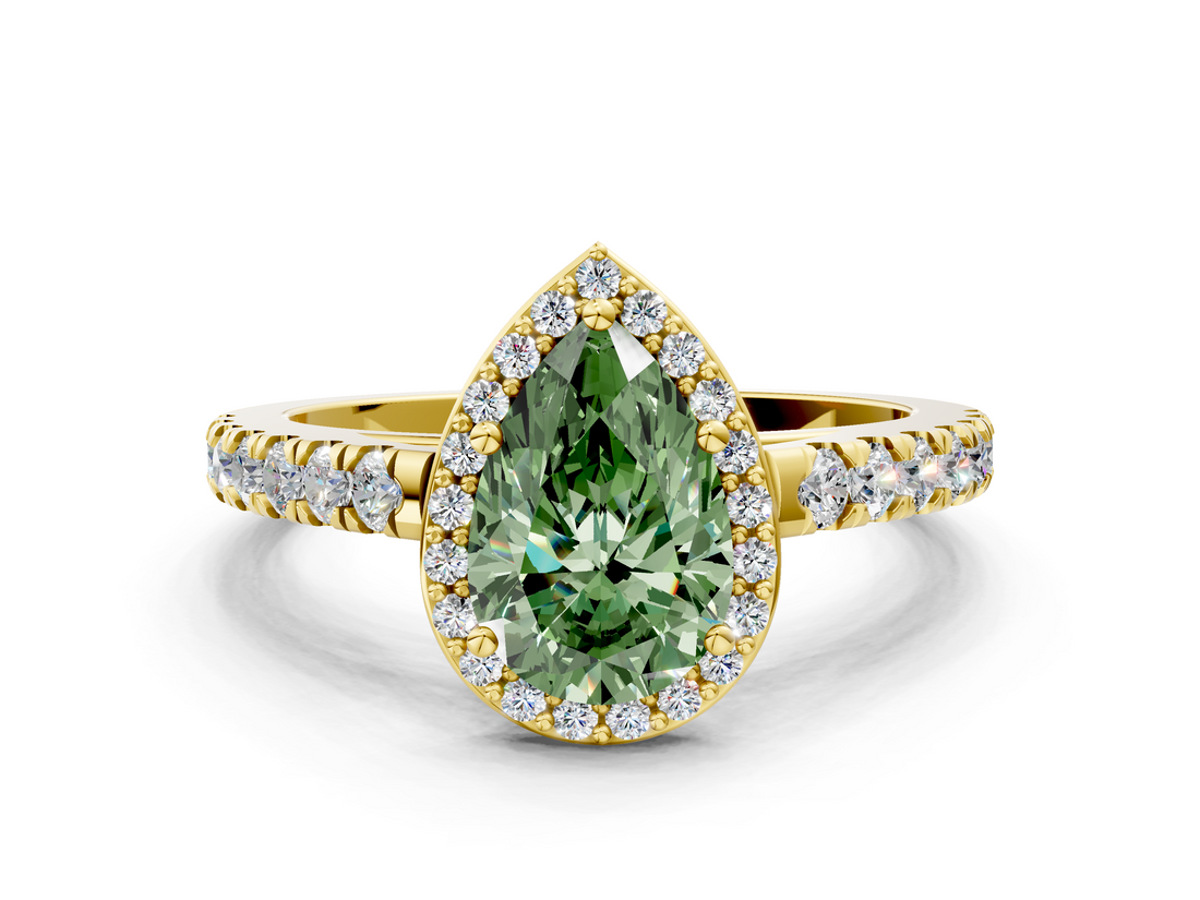 Yellow gold Fancy Green Pear  Cut Halo Diamond Engagement Ring with Pave Band and Four-Prong Setting_28