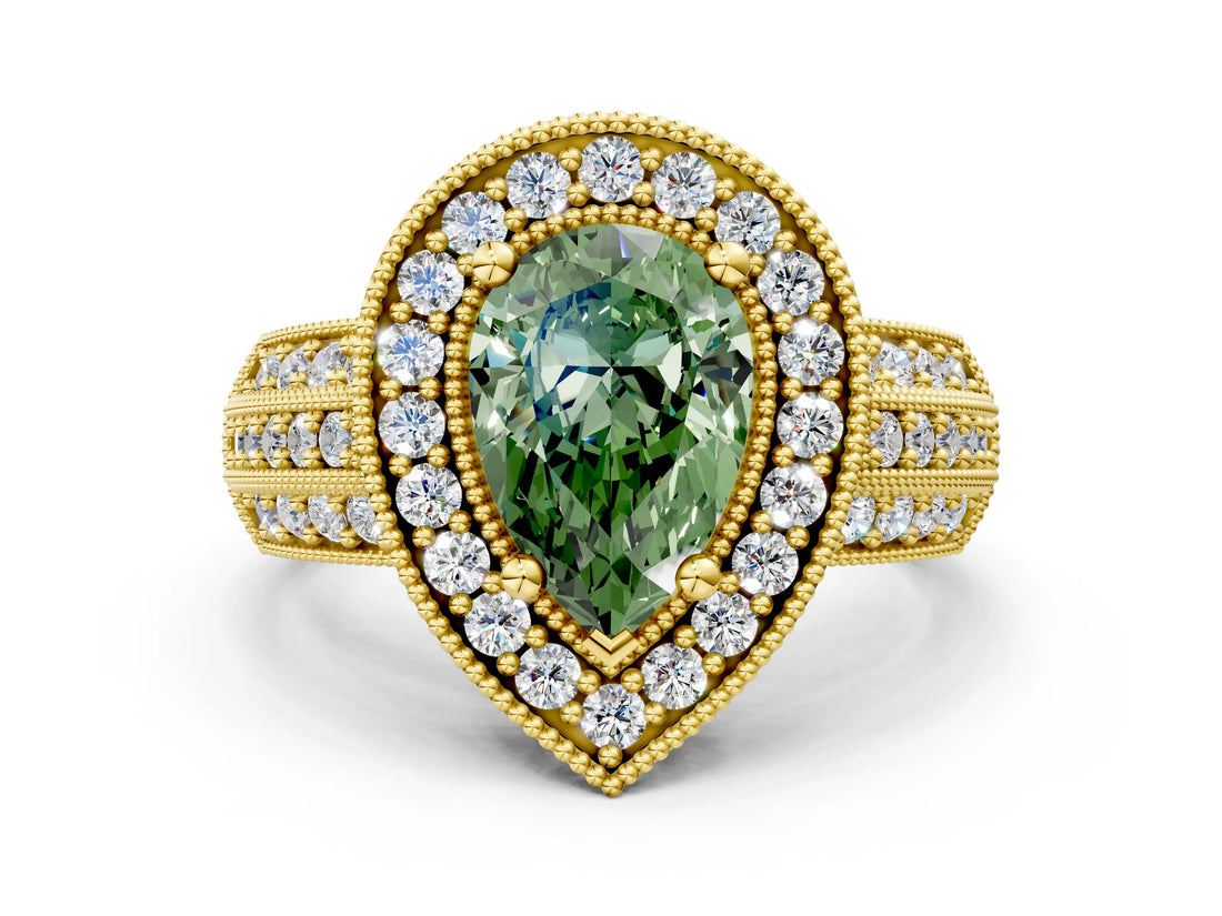 Yellow gold Fancy Green Pear Cut Halo Diamond Engagement Ring with Pave Split Shank and Four-Prong Setting_12