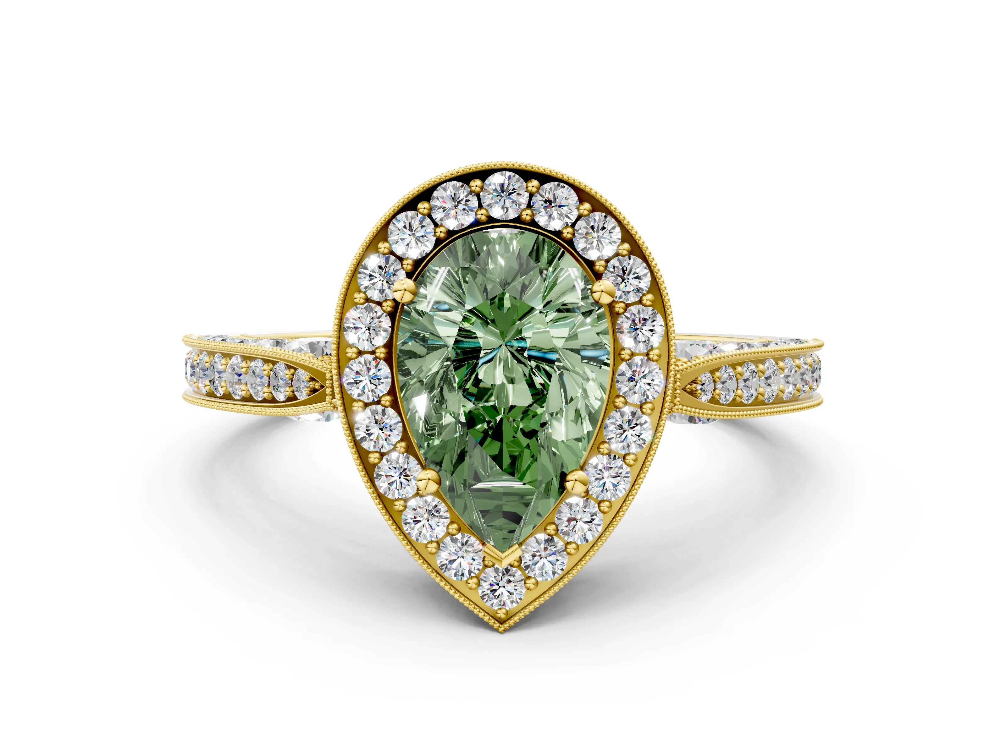 Yellow gold Fancy Green Pear Cut Halo Diamond Engagement Ring with Split Shank Band and Four-Prong Setting