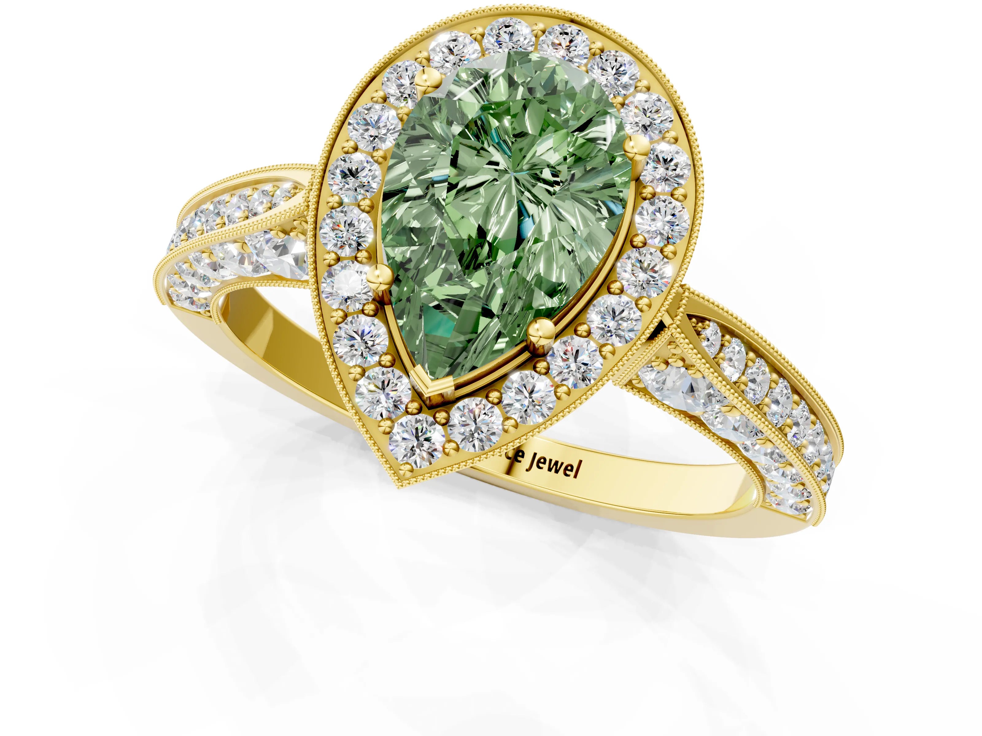 Yellow gold Fancy Green Pear Cut Halo Diamond Engagement Ring with Split Shank Band and Four-Prong Setting_1