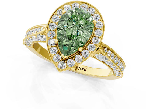 Yellow gold Fancy Green Pear Cut Halo Diamond Engagement Ring with Split Shank Band and Four-Prong Setting_1