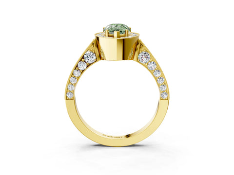 Yellow gold Fancy Green Pear Cut Halo Diamond Engagement Ring with Split Shank Band and Four-Prong Setting_3