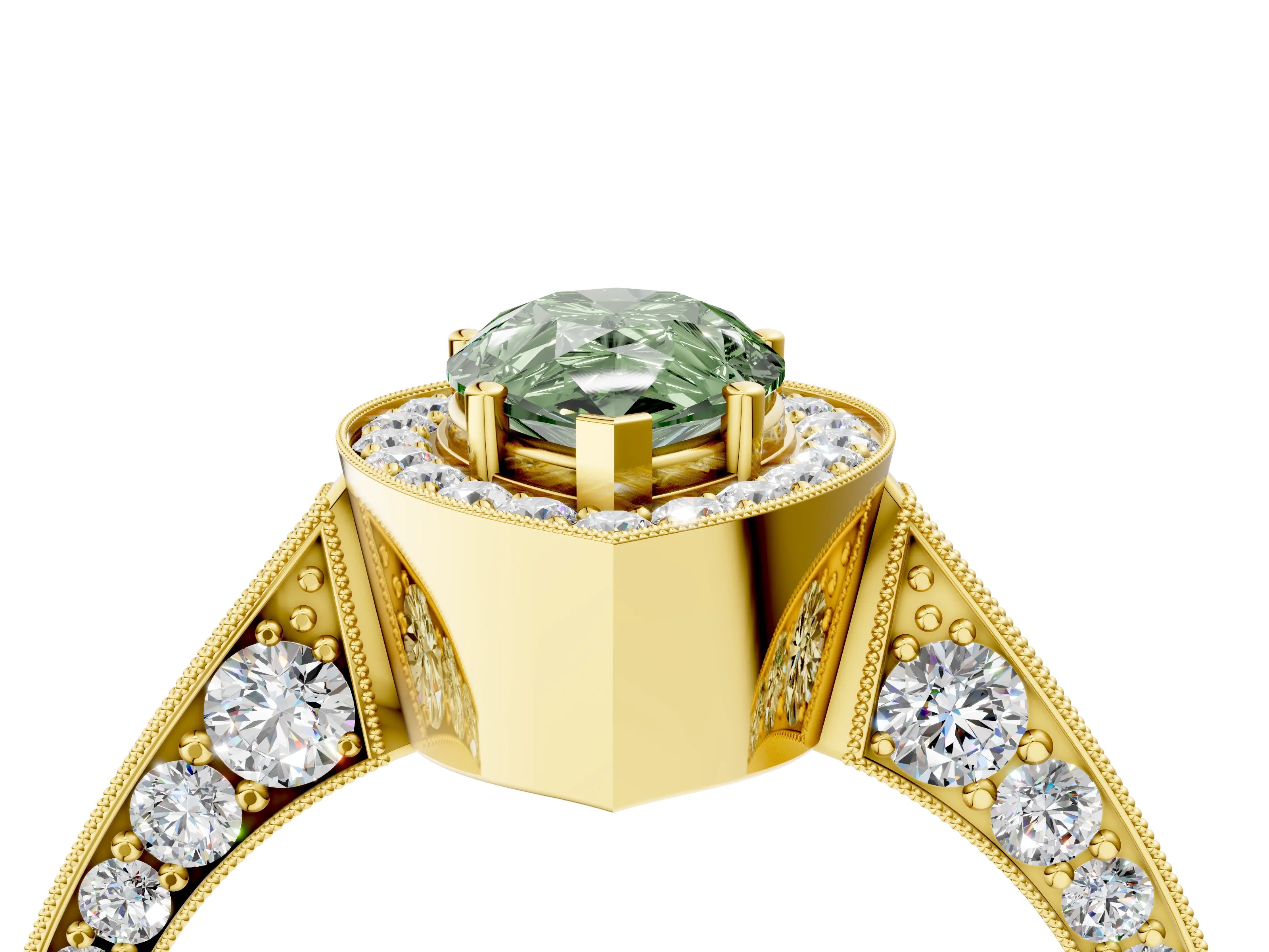 Yellow gold Fancy Green Pear Cut Halo Diamond Engagement Ring with Split Shank Band and Four-Prong Setting_4