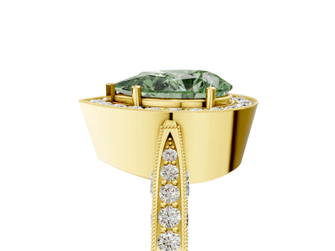 Yellow gold Fancy Green Pear Cut Halo Diamond Engagement Ring with Split Shank Band and Four-Prong Setting_5