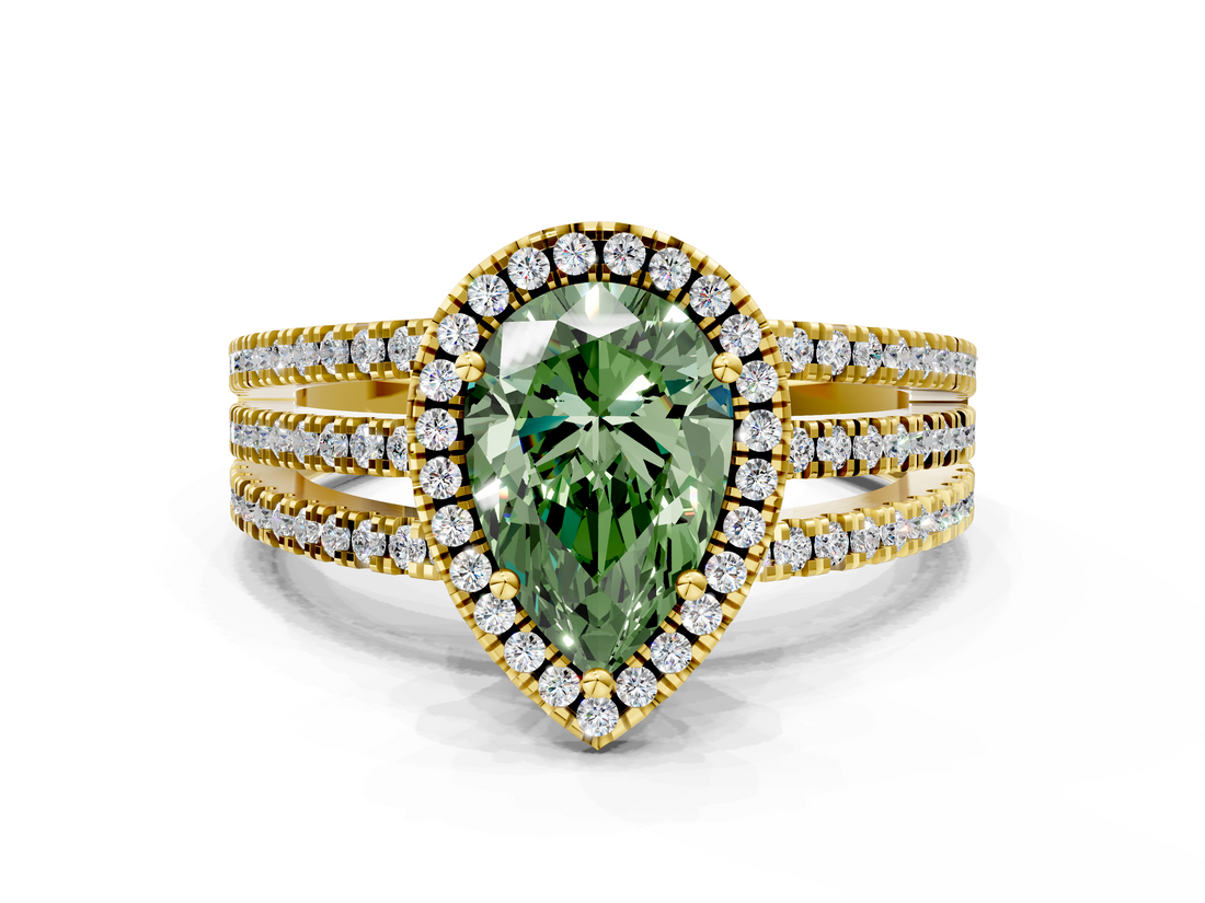 Yellow gold Fancy Green Pear  Cut Halo Diamond Engagement Ring with Split Shank and Four-Prong Setting_19