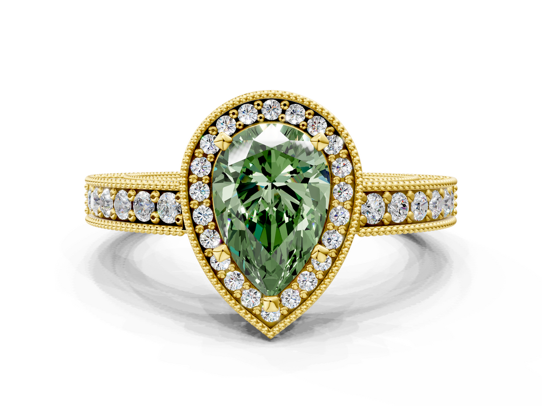 Yellow gold Fancy Green Pear  Cut Halo Diamond Pave Band Ring with Four-Prong Setting_44