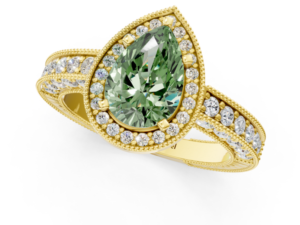 Yellow gold Fancy Green Pear  Cut Halo Diamond Pave Band Ring with Four-Prong Setting
