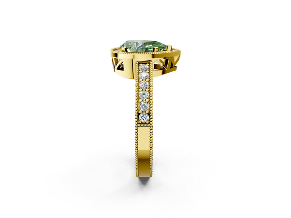 Yellow gold Fancy Green Pear  Cut Halo Diamond Pave Band Ring with Four-Prong Setting