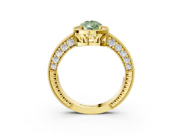 Yellow gold Fancy Green Pear  Cut Halo Diamond Pave Band Ring with Four-Prong Setting