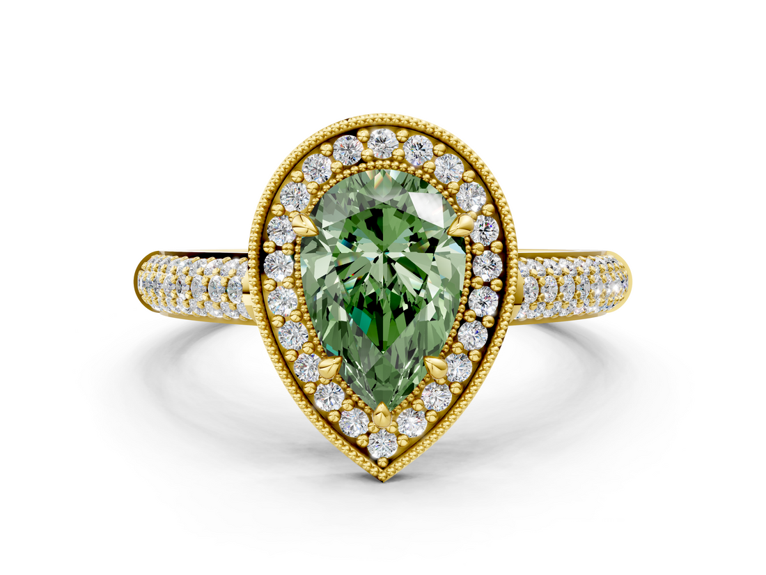 Yellow gold Fancy Green Pear  Cut Halo Diamond Pave Band with Four-Prong Setting_38