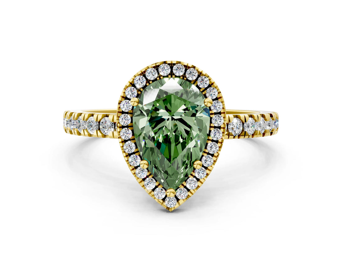 Yellow gold Fancy Green Pear Cut Halo Diamond Pave Band with Prong Setting