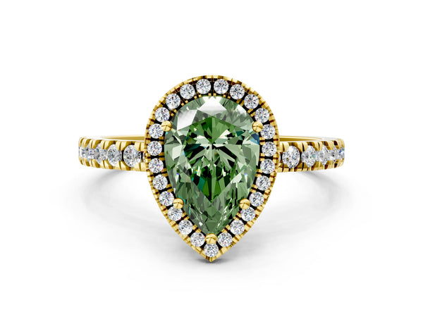 Yellow gold Fancy Green Pear Cut Halo Diamond Pave Band with Prong Setting