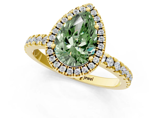Yellow gold Fancy Green Pear Cut Halo Diamond Pave Band with Prong Setting