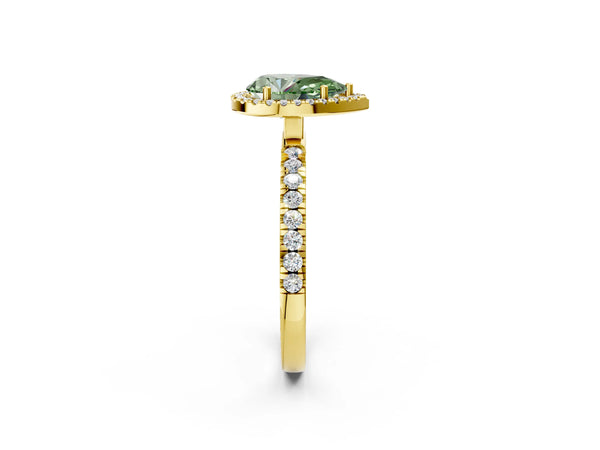 Yellow gold Fancy Green Pear Cut Halo Diamond Pave Band with Prong Setting