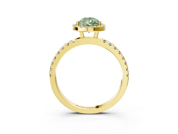 Yellow gold Fancy Green Pear Cut Halo Diamond Pave Band with Prong Setting