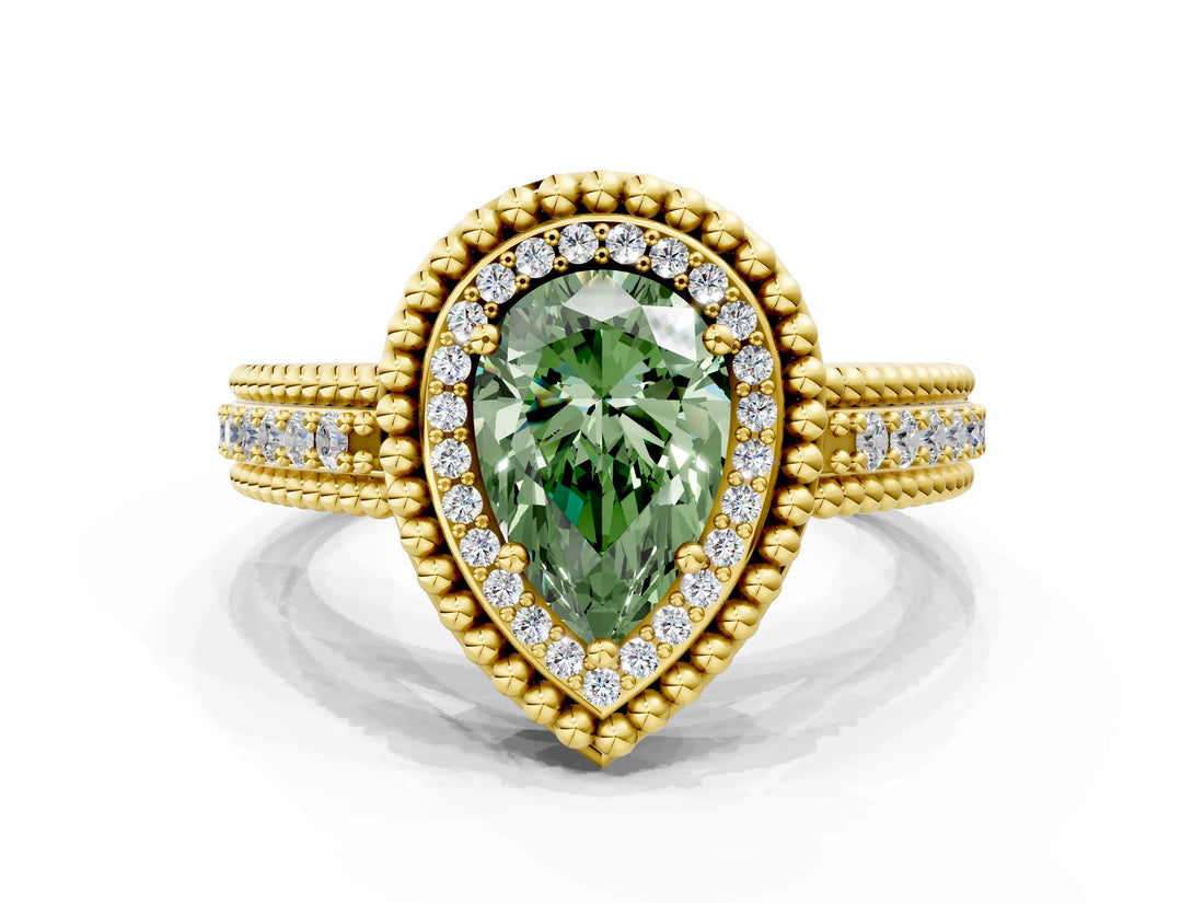 Yellow gold Fancy Green Pear Cut Halo Diamond Ring with Beaded Split Shank and Four-Prong Setting
