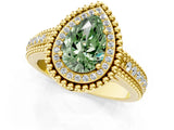 Yellow gold Fancy Green Pear Cut Halo Diamond Ring with Beaded Split Shank and Four-Prong Setting_1
