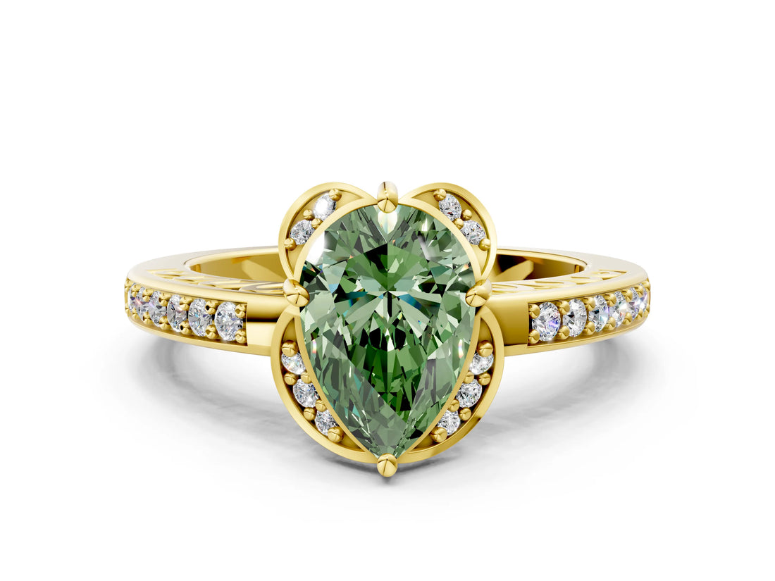 Yellow gold Fancy Green Pear  Cut Halo Diamond Ring with Channel Set Band and Four-Prong Setting_67