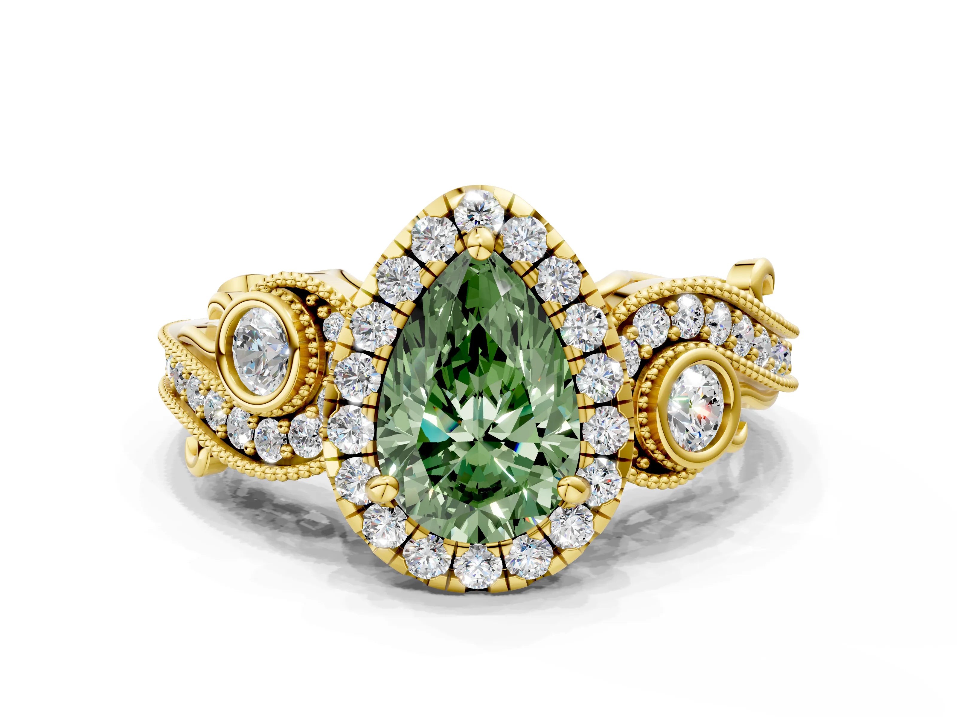 Yellow gold Fancy Green Pear Cut Halo Diamond Ring with Milgrain and Bezel Accents on a Split Shank Band