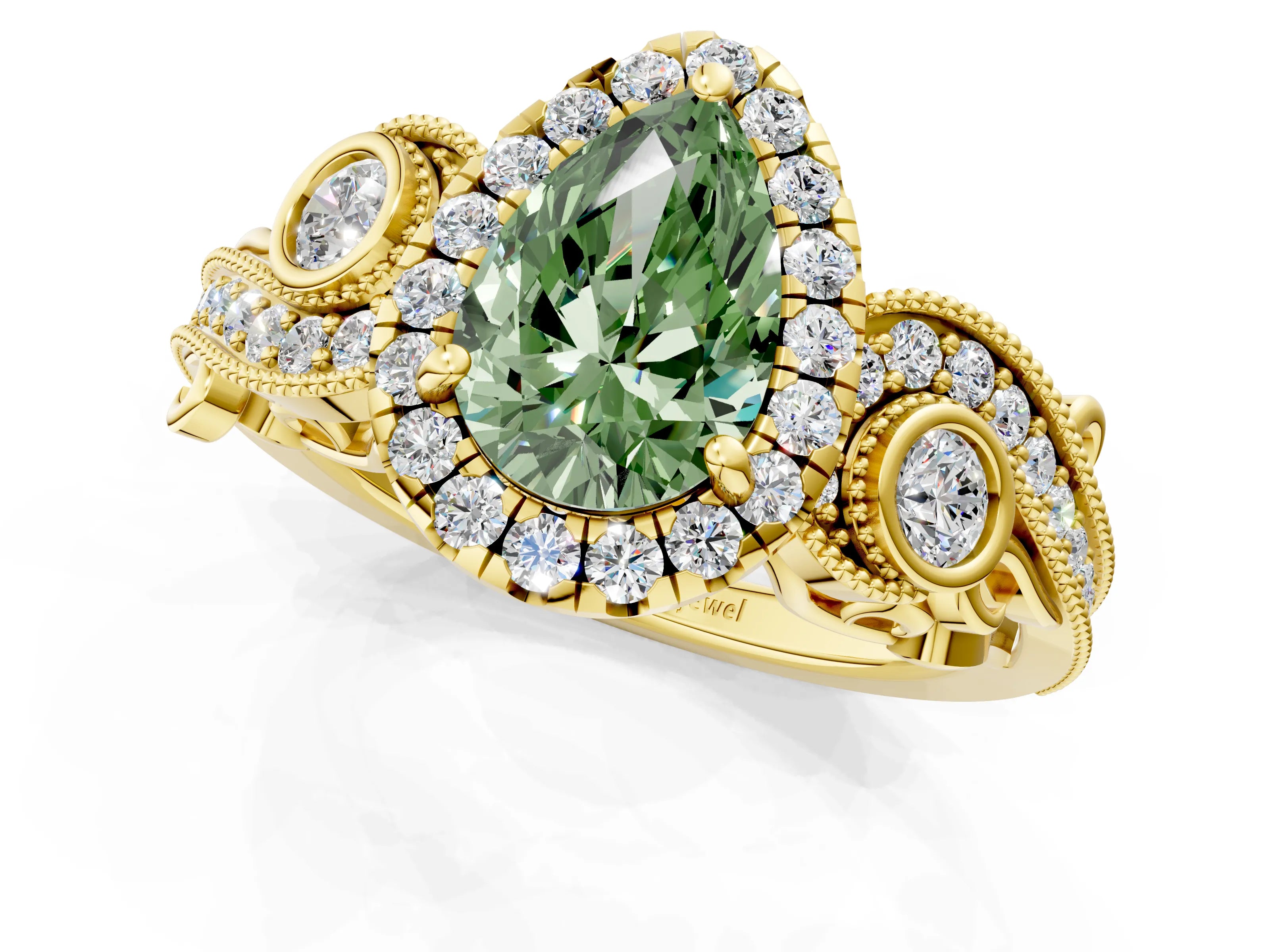 Yellow gold Fancy Green Pear Cut Halo Diamond Ring with Milgrain and Bezel Accents on a Split Shank Band_1