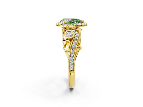 Yellow gold Fancy Green Pear Cut Halo Diamond Ring with Milgrain and Bezel Accents on a Split Shank Band_2