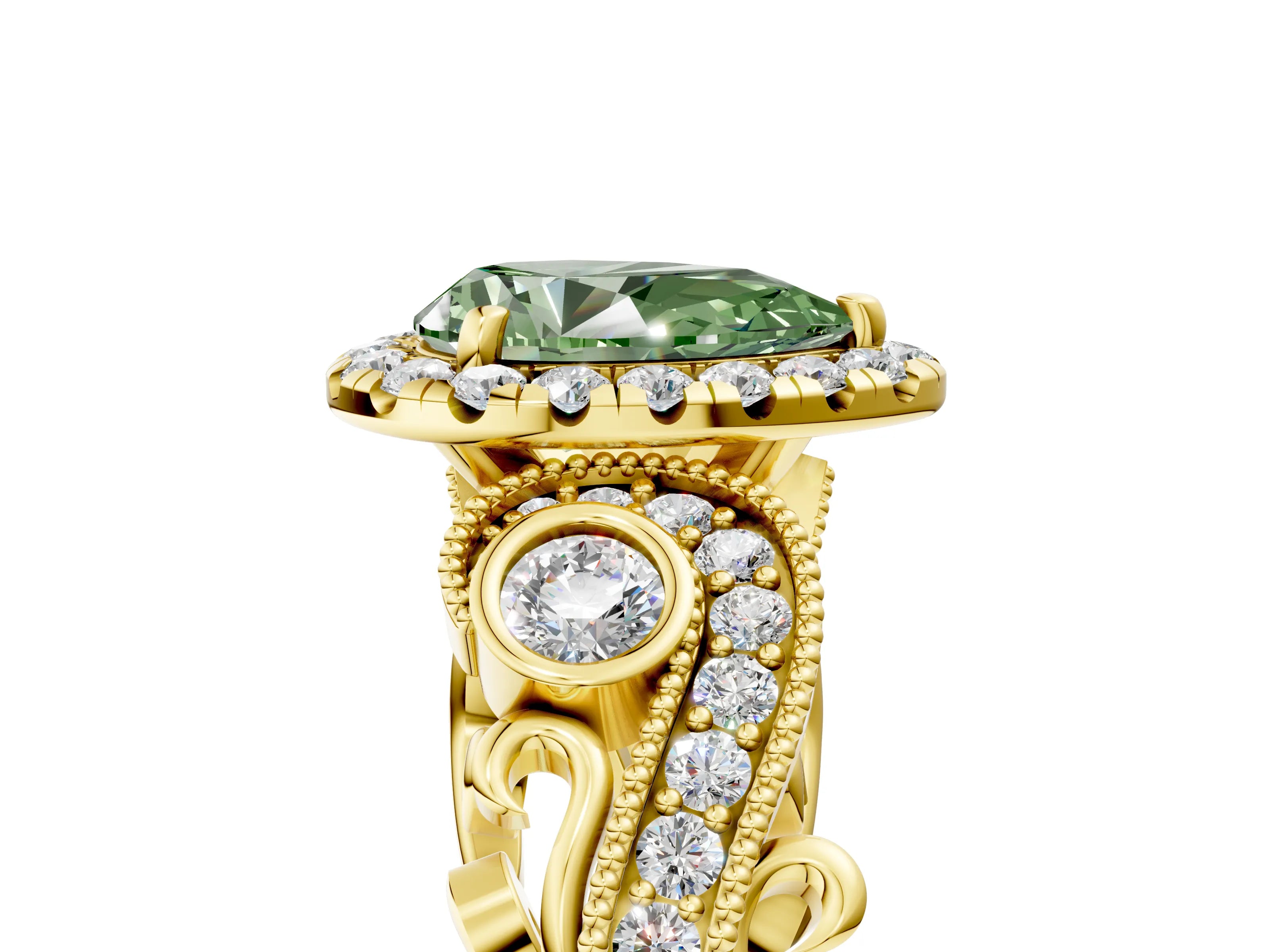 Yellow gold Fancy Green Pear Cut Halo Diamond Ring with Milgrain and Bezel Accents on a Split Shank Band_5
