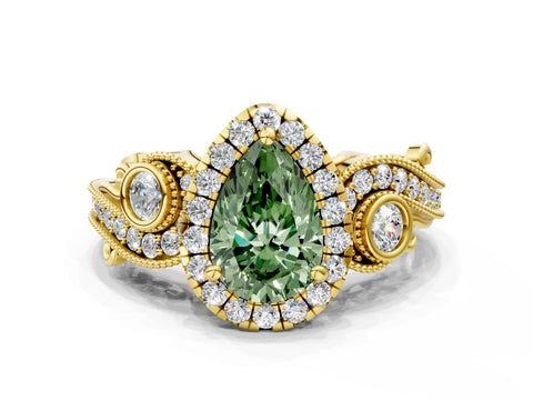 Yellow gold Fancy Green Pear Cut Halo Diamond Ring with Milgrain and Bezel Accents on a Split Shank Band