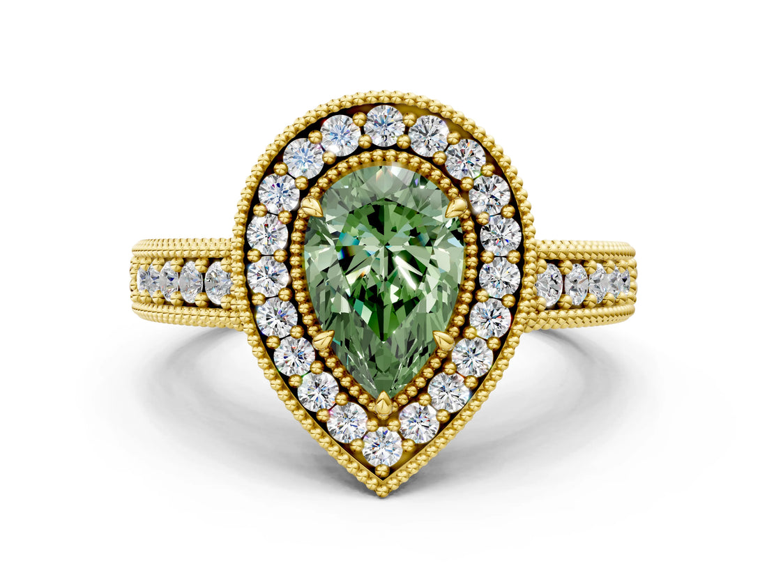 Yellow gold Fancy Green Pear  Cut Halo Diamond Ring with Pavé Band and Four-Prong Setting_68