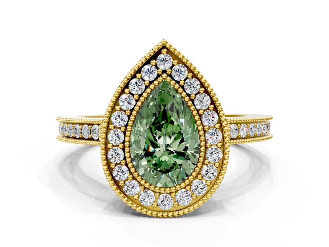 Yellow gold Fancy Green Pear  Cut Halo Diamond Ring with Pavé Band and Milgrain Prong Setting_31