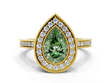 Yellow gold Fancy Green Pear  Cut Halo Diamond Ring with Pavé Band and Milgrain Prong Setting_31