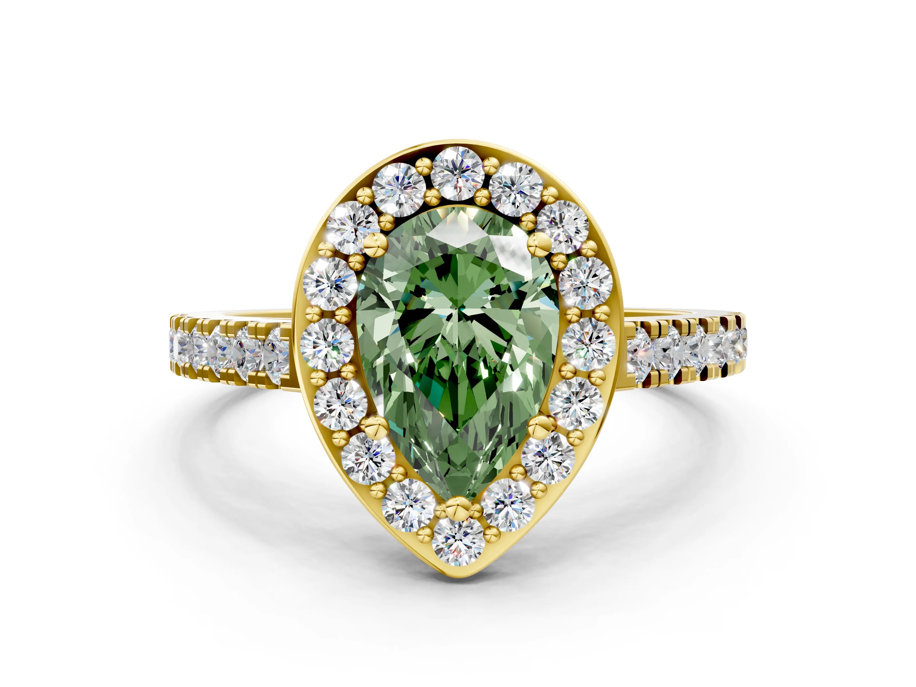 Yellow gold Fancy Green Pear Cut Halo Diamond Ring with Pavé Band and Three-Prong Setting
