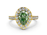 Yellow gold Fancy Green Pear Cut Halo Diamond Ring with Pavé Band and Three-Prong Setting