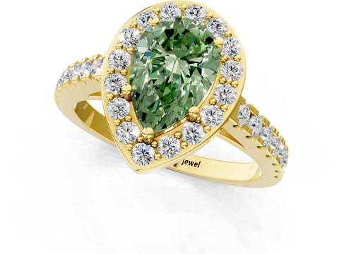 Yellow gold Fancy Green Pear Cut Halo Diamond Ring with Pavé Band and Three-Prong Setting_1