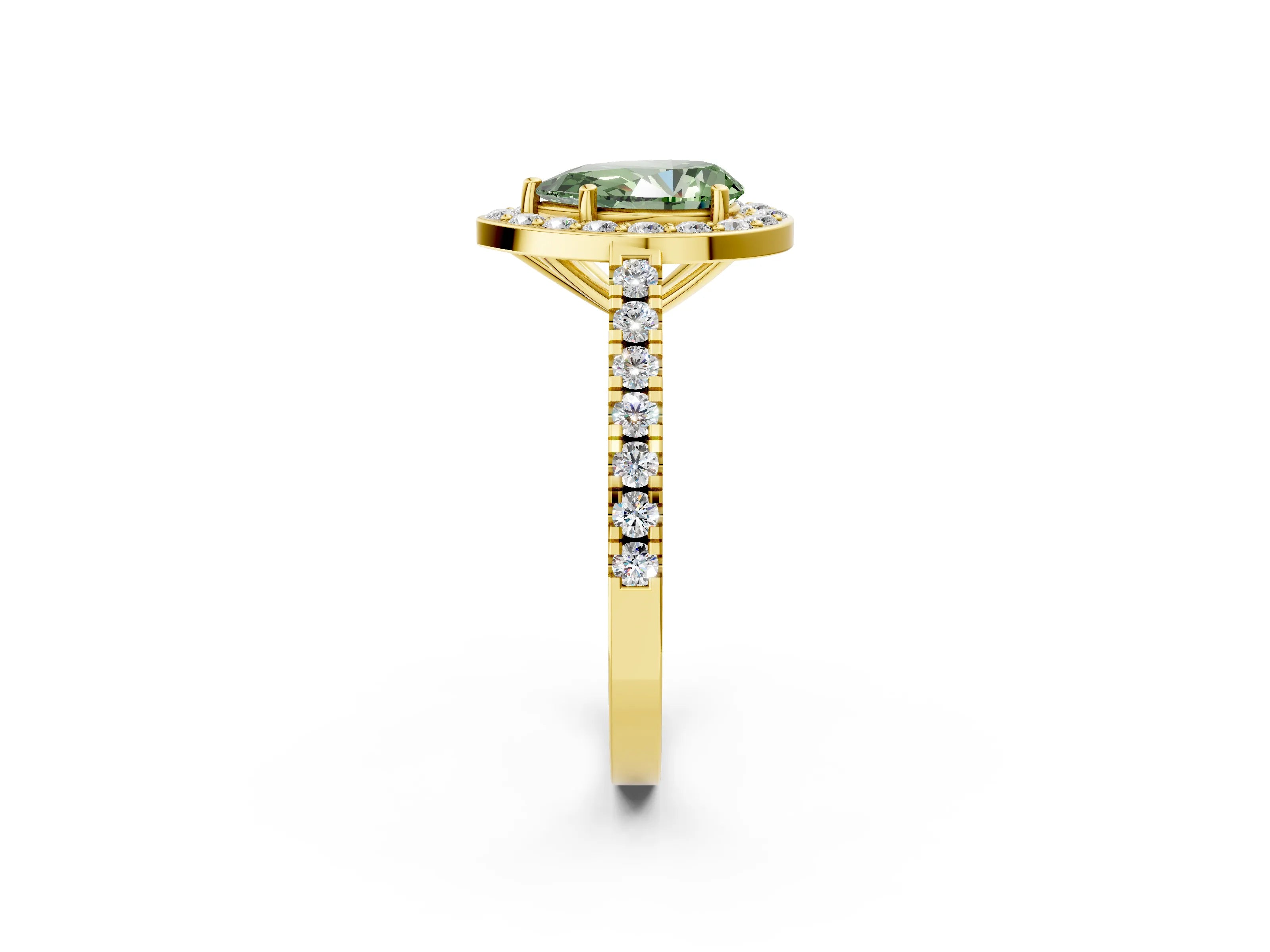 Yellow gold Fancy Green Pear Cut Halo Diamond Ring with Pavé Band and Three-Prong Setting_2