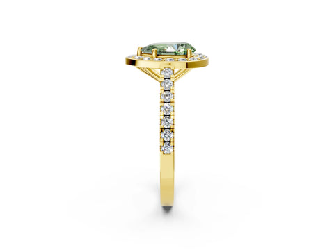 Yellow gold Fancy Green Pear Cut Halo Diamond Ring with Pavé Band and Three-Prong Setting_2